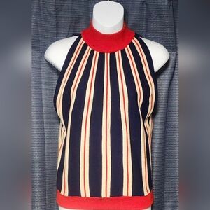 Striped Knit Halter Top in Navy, Cream & Red Claude France Paris